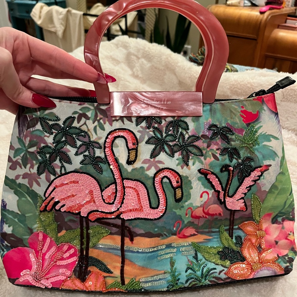 Isabella Fiore Rare Pink Flamingo Beaded Tote